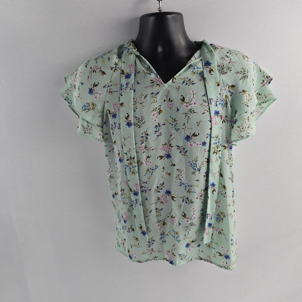 Pleione Women’s‎ Mint Green Floral Short Sleeve Tie Neck Blouse Size M 6445
